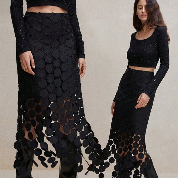 Black Casual Women's Laser Cut Multi Circle Double Layered Skirt - Picture 8 of 8